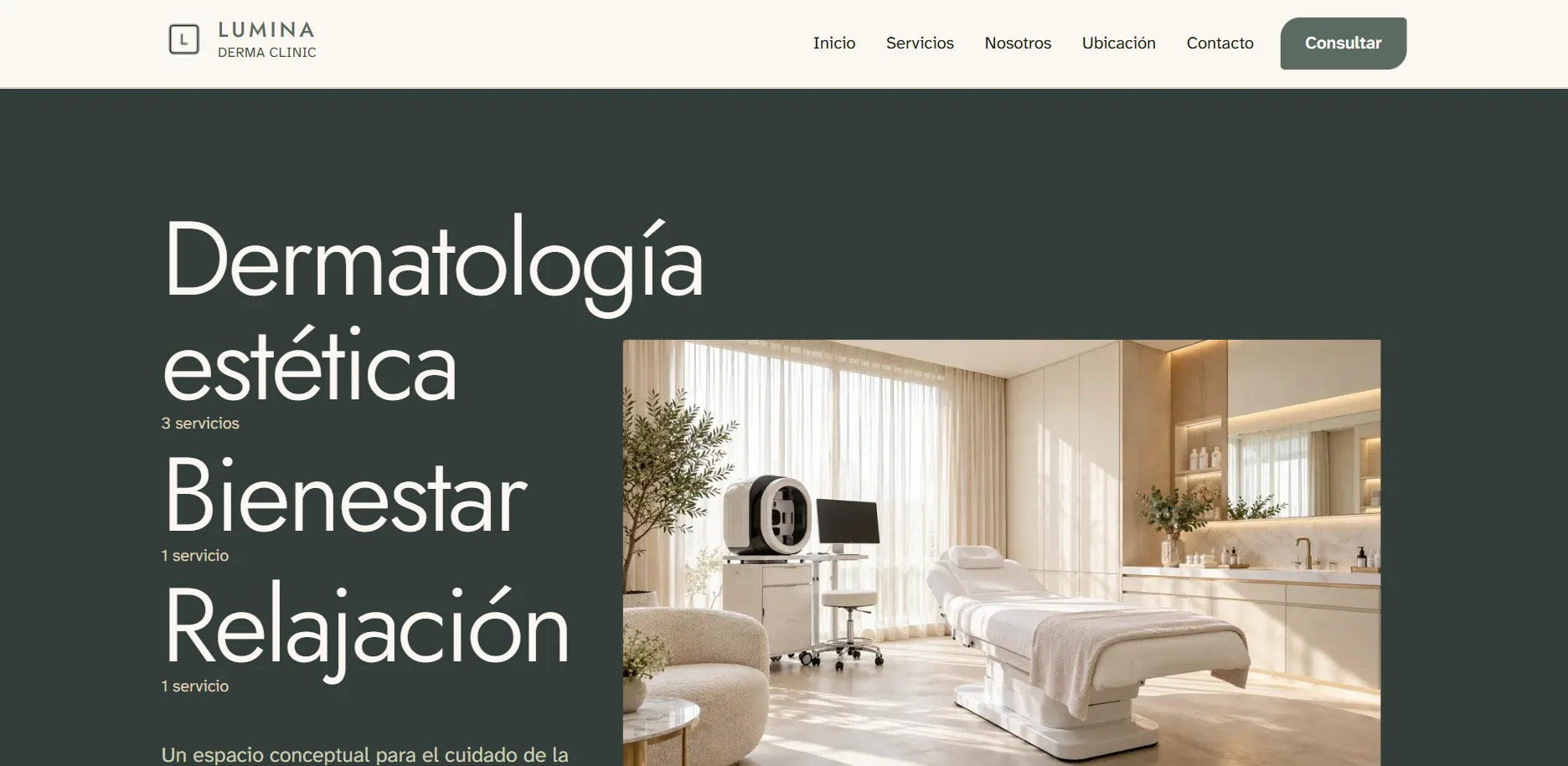 Página de inicio del demo LUMINA DERMA CLINIC, clínica de estética médica