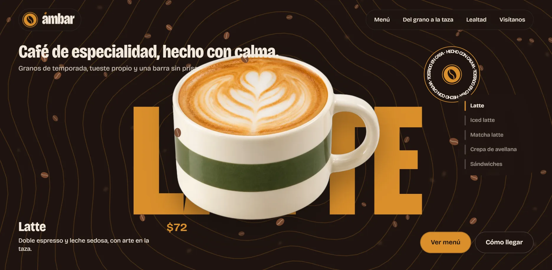 Página de inicio del demo Ámbar Café, cafetería con menú y animación