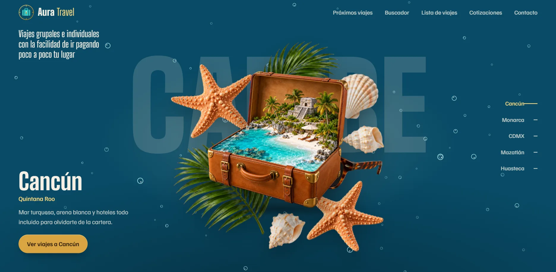Página de inicio del demo Aura Travel, agencia de viajes con destinos animados