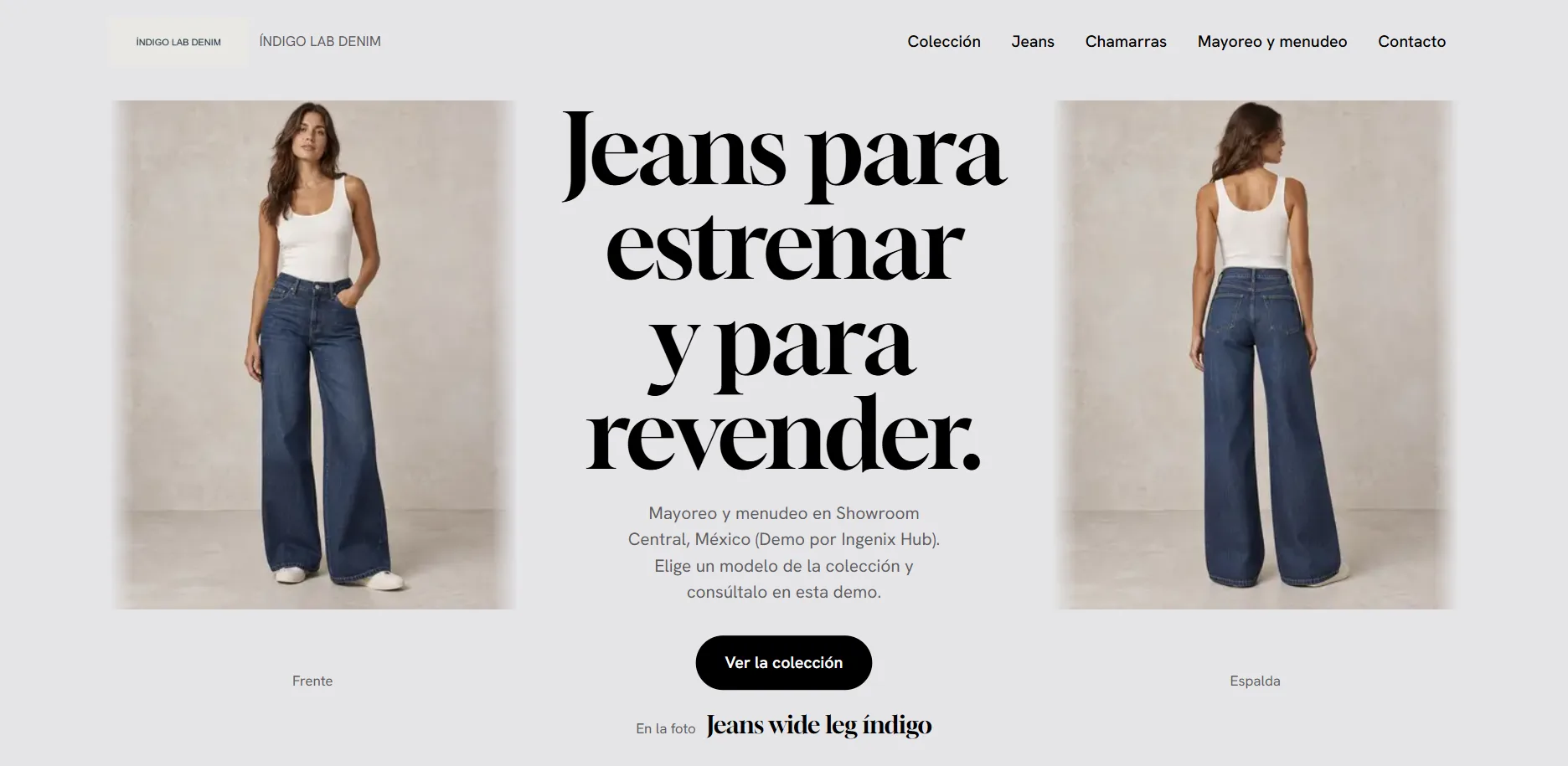 Página de inicio del demo ÍNDIGO LAB DENIM, catálogo de mezclilla para mayoreo y menudeo